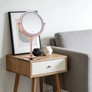Op maat gemaakte LED bruine ronde staande tafelspiegel met LED-verlichting, ronde slaapkamerspiegel met vergroting, dubbelzijdige make-upspiegel - Product Image 5