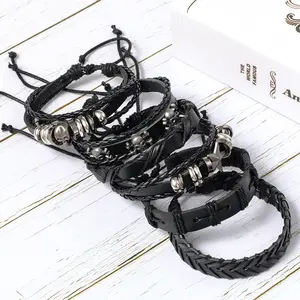 Herren Lederarmband-Set individuelles Skelett verziertes großes Fünf-Spitzen-Stern-Armband