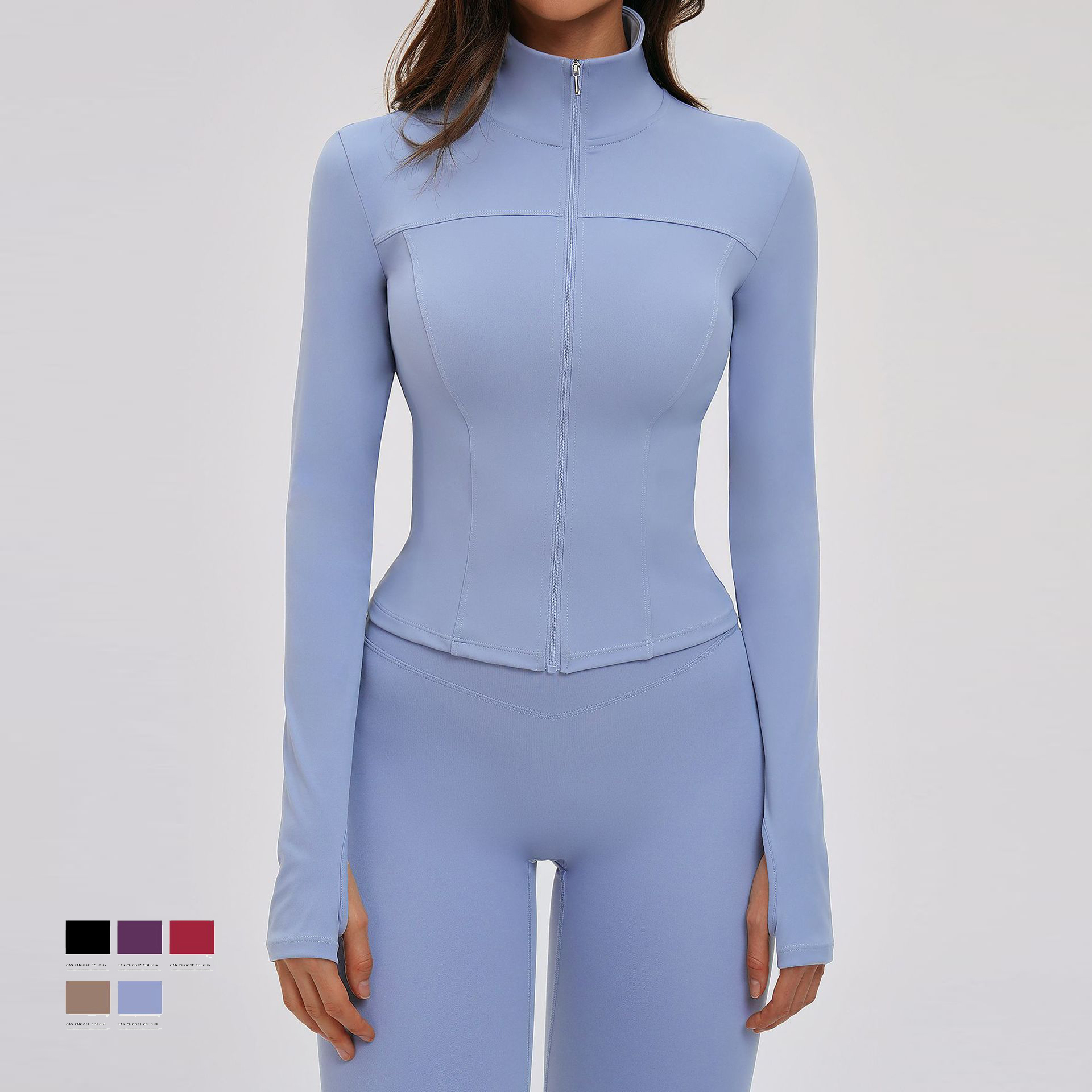 Women's Stand Collar Solid Comfortable Slim Fit Long Sleeve Yoga Jackets Thumb Holes Full Zipper Running Jackets for Women