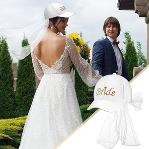 Casquette de baseball ajustable pour mariée avec voile, broderie dorée, pour queue de cheval, en polyester, pour fête nuptiale - Product Image 3