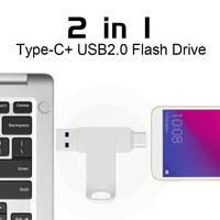 Custom 2-in-1 Silver Logo Key USB 3,0 Flash Drive 16GB Memory Stick para teléfono Computadora Laser Gadgets PenDrive Metal Construction