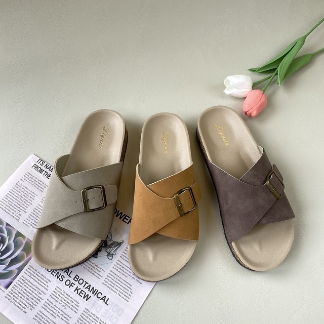 Women's 2026 New Style One-Buckle Cork Slide Sandals Flat Casual Slippers Big Size for Women