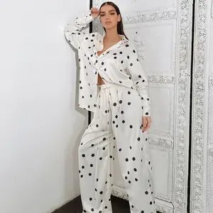 Pijama feminino luxuoso com estampa de bolinhas, conjunto de 2 peças de manga longa, estampa de bolinhas e pj, conjunto de roupa de dormir para mulheres