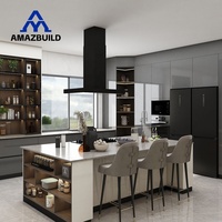 Meubles d'îlot de cuisine modernes AMAZBUILD écologiques avec finition laquée brillante, design sans poignées et plan de travail en marbre artificiel