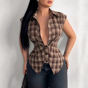 Nueva Blusa Vintage Única de Primavera/Verano para Mujer, Manga Corta, Diseño a Cuadros con Bloques de Color, Blusa Informal para Dama - Product Image 2