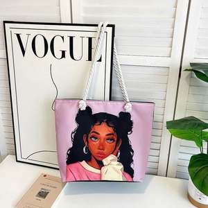 Wholesale African <b>Black</b> Girl Art Print Shoulder Handbags Custom Logo Fun Cartoon Pattern <b>Canvas</b> Tote <b>Bag</b> with Rope Handle - Product Image 3