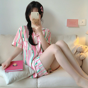 Pyjama en coton rayé SAMWESTART pour femmes, nouveau <span class=keywords><strong>short</strong></span> à manches courtes d'été, tenue de maison fine et douce - Product Image 3