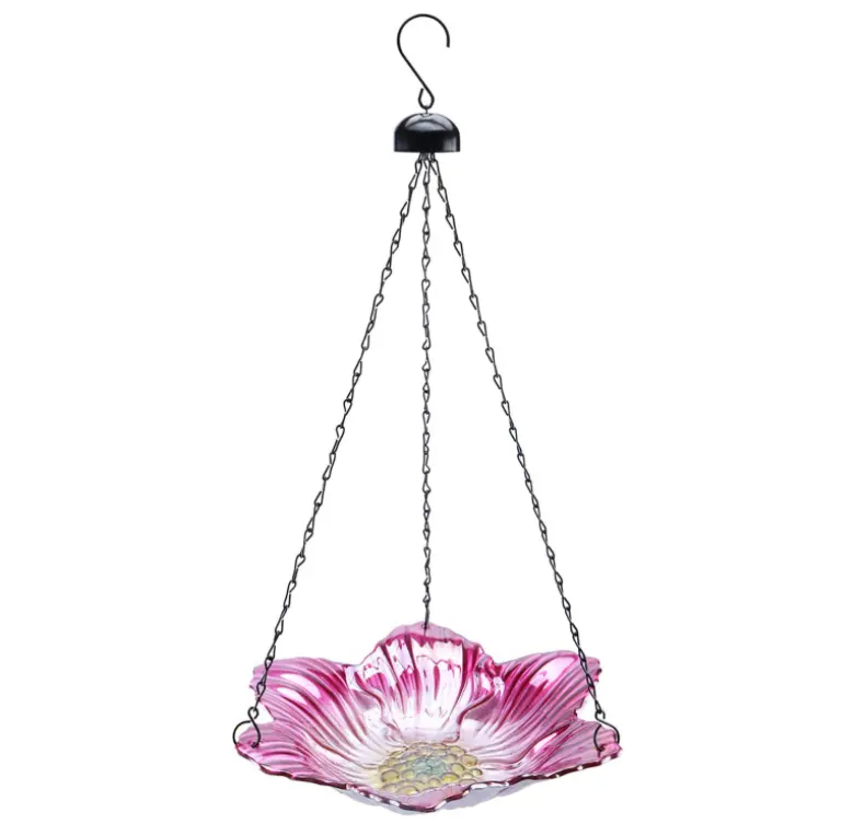OEM customized Hanging Bird Bath Glass Bird Bath Outdoor Flower Bird Feeder for Garden Decoration Pink Flower Pattern Lace Shape