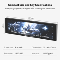 Pantalla LCD a Todo Color Thermalright Trofeo Vision 9.16 Negra, Pantalla Magnética LCD con Resolución de 1920x480 para Caja de PC para Juegos