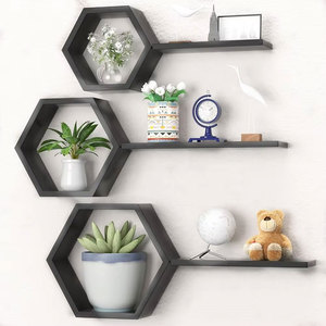 Set Of 6 Hexagon <strong>Floating</strong> <strong>Shelves</strong> Wall Mounted Honeycomb Design For Kitchen Home Decor In Wood Metal Plastic Material - Product Image 1