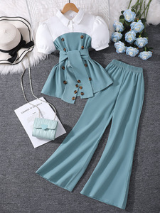Vêtements d'été pour filles, nouveau haut à manches courtes bouffantes en patchwork + ensemble <span class=keywords><strong>pantalon</strong></span> décontracté à deux pièces - Product Image 2