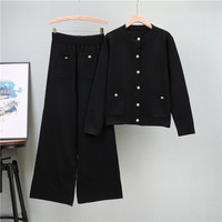 Ensemble décontracté tricoté à rayures et carreaux anti-plis en viscose pour femme, cardigan et pantalon large longueur cheville, collection automne-hiver