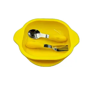 New hot selling waterproof silicone bowl without bisphenol A suction cup stainless steel fork spoon children's feeding