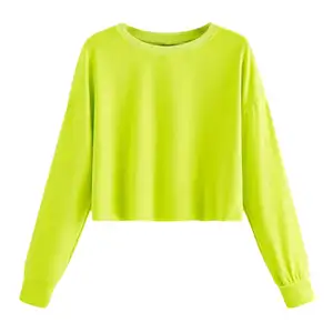 Groothandel 100% Katoen Effen Sweater voor Dames Vrouwen O-hals Lange Mouwen Oversize Sexy Sweatshirt Meisjes Crop Top Hoodie