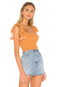 Amazing Summer Wear Denim <b>Elasticated</b> Bohemian Crop Top with Shoulder Tie Straps & Pom Pom Accent Fitted - Product Image 2