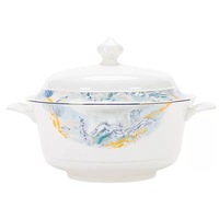 Service de table en porcelaine artistique bleu et or, motif paysage montagne et eau peint à la main, bordure dorée, vaisselle de luxe en porcelaine fine