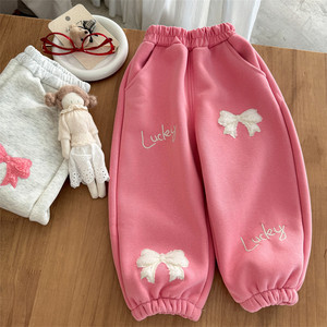 Tongxingyuan Girls Fleece Sweatpants Pink Heather Gray Bow Lucky Embroidery Autumn Winter Casual Pants - Product Image 2