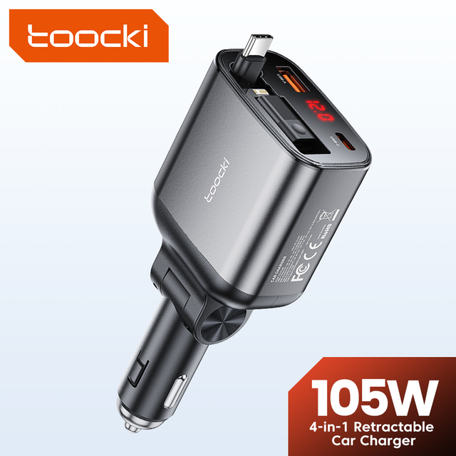 Toocki Multi-Port 4-In-1 Retractable Car Charger 30W USB-A 45W Type-C Cable for Multiple Devices