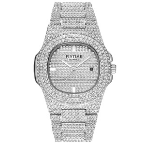 Montre à bracelet en acier avec diamants sur toute la surface - montre-bracelet homme ou femme avec mouvement à quartz et calendrier, un modèle populaire - Product Image 2