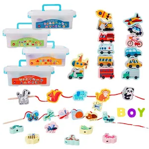 Fine Motor Skills threading beads toy Wooden Stringing Farm Animals Fruits letter Lacing Beads for toddler