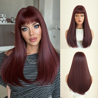 Peluca de Cabello Sintético Liso Rojo Borgoña de 22 Pulgadas con Flequillo Grueso y Liso, Resistente al Calor, con Aspecto Natural Mate