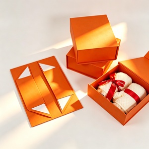 Custom Logo Luxury <b>Orange</b> Magnetic Collapsible Gift Box Flat Packed Rigid <b>Paper</b> Packaging Box for Clothing Towel Wholesale - Product Image 1