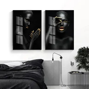 Blindfolded Black &Gold Woman Eyes with Gold Lips Beauty Nails Portrait Photo Print Big Gold Earrings Crystal Porcelain Painting