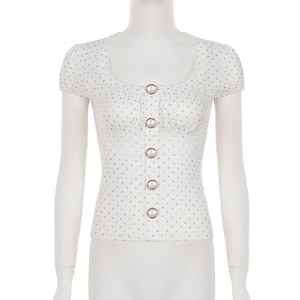 Camiseta de punto casual para mujer con estampado de lunares, manga corta abullonada, cuello cuadrado, panel de encaje y botones, corte ajustado - Product Image 6