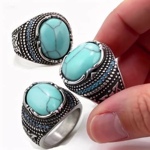 Wholesale Handmade Western Vintage Arabic Inlaid Stainless Steel Fine <strong>Turquoise</strong> Jewelry Custom Made Islamic <strong>Rings</strong> for Men - Product Image 6