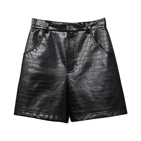 3623 New Crocodile Print Loose Straight Genuine Sheep Leather Shorts Women Mid Waist Leather Shorts