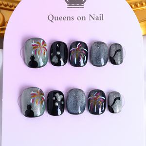 Uñas postizas de lujo con forma de ataúd corto, efecto ojo de gato, cobertura completa, hechas a mano, con pedrería de estrellas, precio de fábrica al por mayor. - Product Image 1