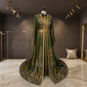 Elegant Green Embroidered Loose Abaya Dress Gold Floral Pattern Floor Length Modest <b>Long</b> Sleeve Stand Collar <b>Wedding</b> Middle East - Product Image 2