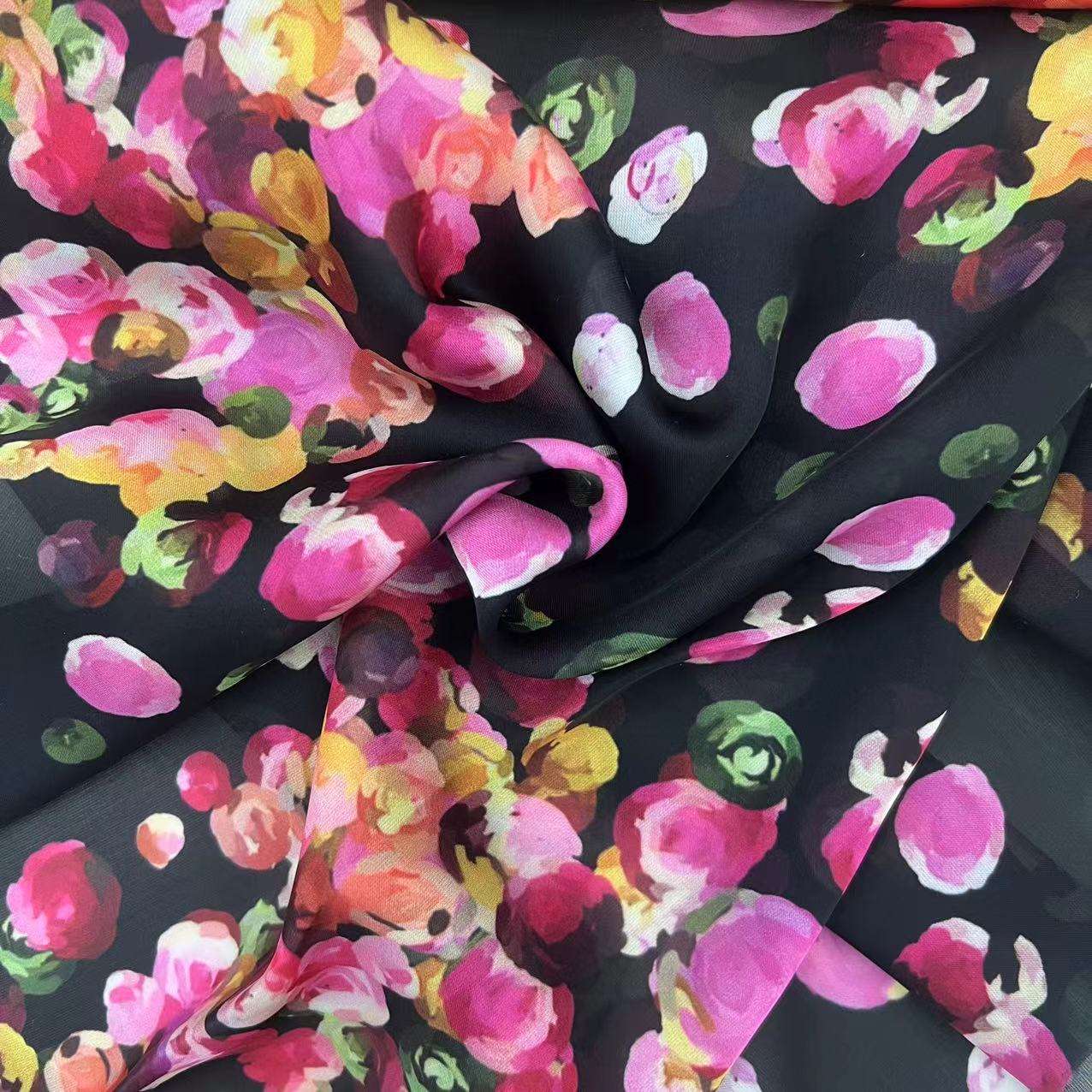 Kain tulle cetak kustom bunga abstrak bertekstur wisteria kuning muda 30d  polyester chiffon kain satin untuk gaun liburan