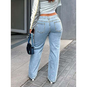 Jeans en denim bleu clair taille haute mi-longueur pour femmes, coupe droite, ample, extensible, style 'maman', livraison gratuite aux États-Unis - Product Image 4