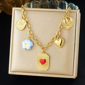 Cross Border Fashion Multi Element Pendant Ceramic Flower Red Heart Square Charm Necklace Everyday Wear - Product Image 1