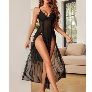 Lencería Sexy, Vestido Largo Transparente, Body de Encaje con Abertura Alta, para Mujer, en Negro, Rojo, Blanco y Borgoña, de Chifón y Fibra de Poliéster - Product Image 1