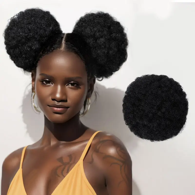 Trekkoord Kort Afro Bun Eenvoudig Set Synthetische Knot Afro Puff Chignon Band Haar Kinky Krullend Afro Puff Paardenstaart