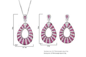 סט תכשיטים לחתונה בציפוי רודיום כסוף הכולל תליון ועגילים בצורת טיפת מים משובצים זירקוניה קובית אדומה פוקסיה במרקם מיקרו-פאווה מעולה - Product Image 3