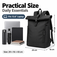 Sac à dos pour ordinateur portable à fermeture enroulable 16 pouces, grande capacité, sac de voyage avec sangle pour trolley, sac à dos de travail pour homme et femme
