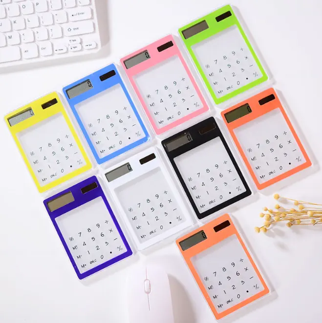 Mini calculadora de bolsillo ultradelgada, calculadora solar táctil transparente para estudiantes y oficina, respetuosa con el medio ambiente, promocional