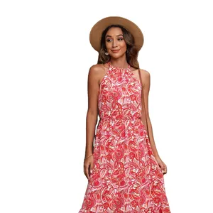 New Women Sleeveless Hanging Neck Floral Dresses Natural Spring and Summer Woven Taffeta Adults Midi Red