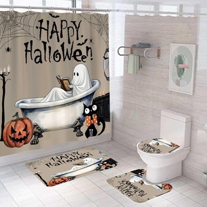 Cortina de Ducha de Poliéster con Diseño de Fantasma, Murciélago y Calabaza de Halloween, Impresión Digital, Impermeable, Personalizada, Moderna, Venta al Por Mayor - Product Image 1