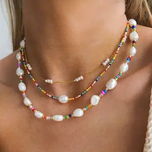 Joyería de playa de verano, cadena de acero inoxidable, cuentas de semillas bohemias coloridas, gargantilla de perlas de agua dulce naturales reales, collar para mujer