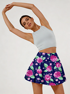 กระโปรงมินิทรงเอเอวสูงสีน้ำเงินกรมท่าลายดอกกุหลาบสีชมพูสำหรับผู้หญิง ผ้าใยนมยืดหยุ่นสูง สไตล์วายทูเค ย้อนยุค ลำลอง - Product Image 5