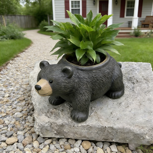Pot de fleurs réaliste en résine en forme d'ours <span class=keywords><strong>noir</strong></span> - Pot décoratif en forme d'animal sauvage pour jardin, support rustique pour plantes succulentes pour cabane - Product Image 1