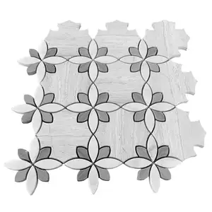 सफेद मोज़ेक फूल वाटरजेट पैटर्न बैकस्प्लैश रसोई टाइल्स के लिए पुष्प संगमरमर मोज़ेक