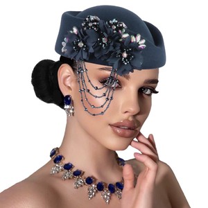 Chapeau en feutre pour femme, accessoire de cérémonie avec strass, franges, béret doux pour femmes - Product Image 4