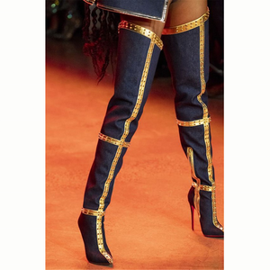 Rivets Ornament Solid Skintight Pointed Toe High Thin Heel Women Thigh High Booties Side Half-zip PU Upper Over Knee High <b>Boots</b> - Product Image 3