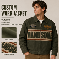 Veste pour homme en sergé à col pointu, entièrement zippée, avec patch en chenille et bande contrastante sur la poitrine, style décontracté ou de travail, marque privée