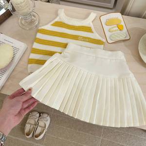 Tongxingyuan Girls Summer Striped Knitted Vest Pleated Skirt Set Yellow Cotton Outfit - Product Image 3